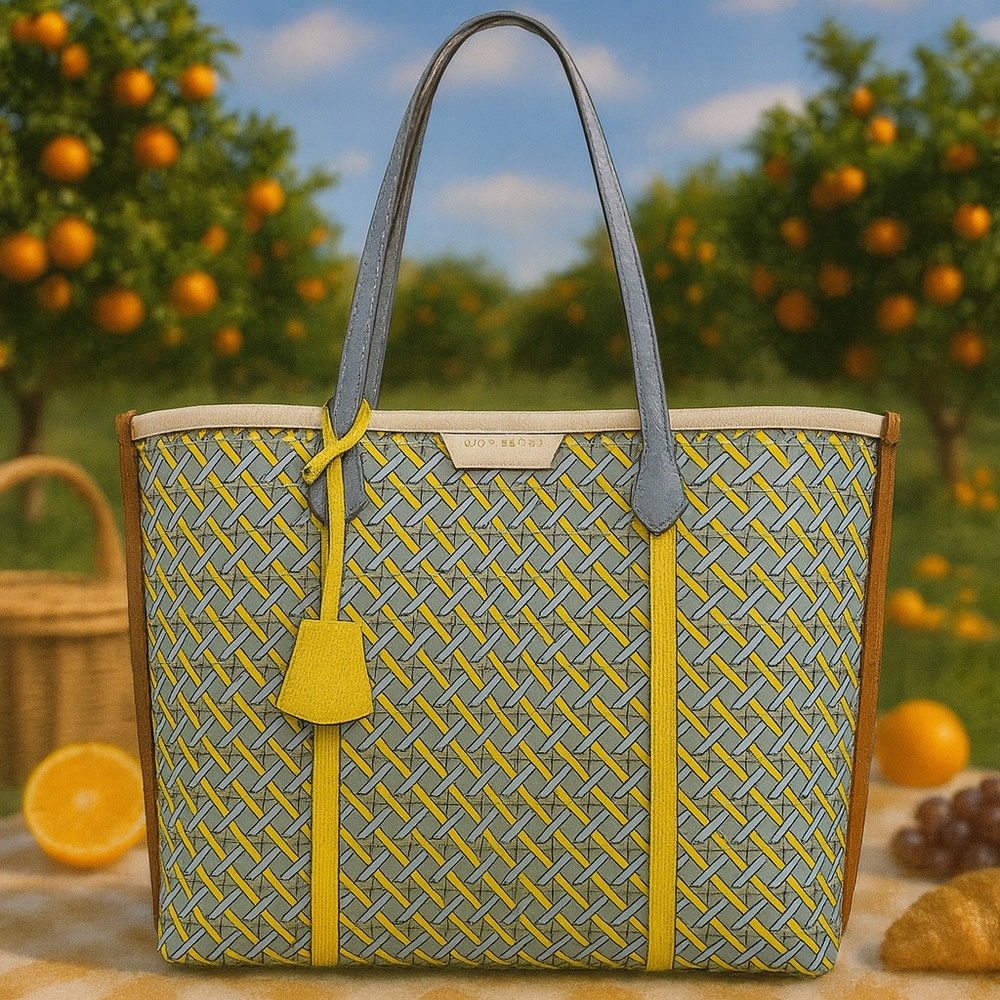 Tory Burch Perry Triple Compartment Northern Blue Basket Weave Large Tote Bag
